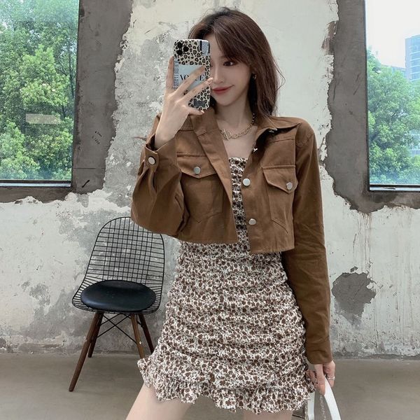 

autumn 2020 new loose short coat + pleated floral suspender skirt 2-piece fashion suit for women