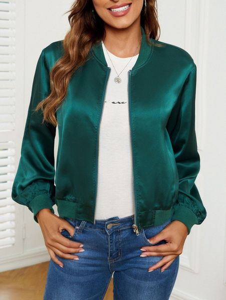 

solid zip-up satin bomber jacket 75yi#, Black;brown