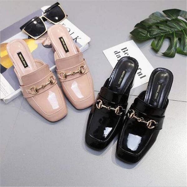 

women slippers black leather slides block heels square toe flip flops ladies summer shoes woman sandals zapatos de mujer pumps