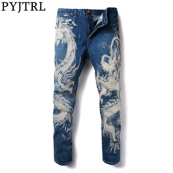 Pyjtrl jovens moda moda estilo chinês dragão padrão skinny jeans homens hip hop rouba streetwear preto azul denim calças 20118