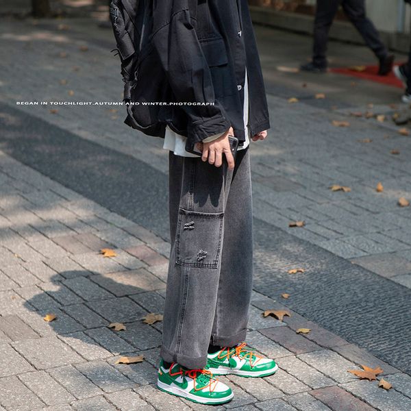 

2021 new de brim primavera e inverno novo macaco reto jeans solto moda jovem masculinas fuoz, Blue