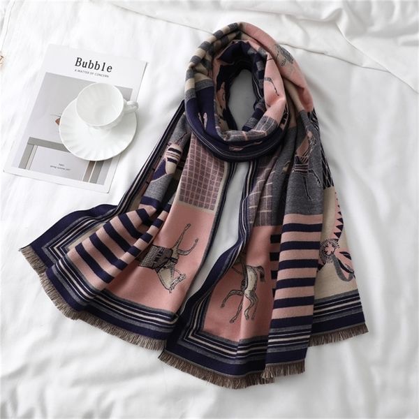 

new brand women scarf horse cashmere scarves lady shawls wraps winter pashmina femal hijab bandana cachecol foulard poncho y201007, Blue;gray