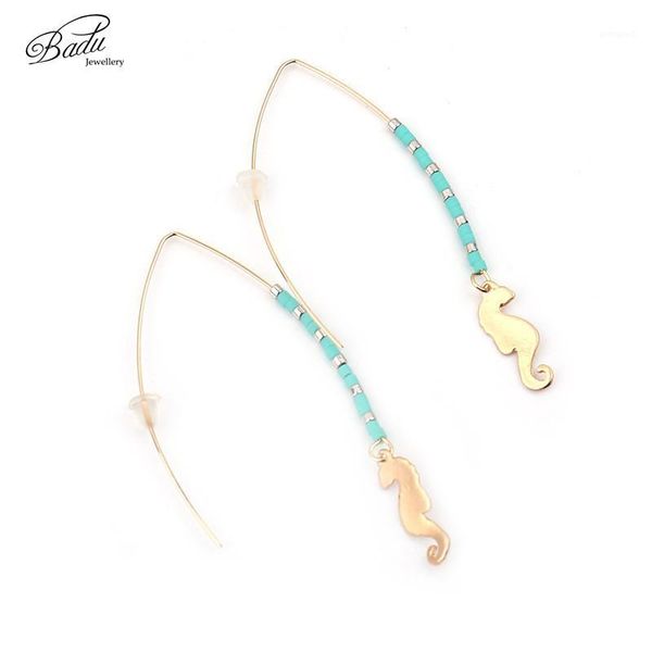 

hoop & huggie badu small green beads earrings golden copper friendship gift hippocampus pendant earring for women fashion jewelry1, Golden;silver