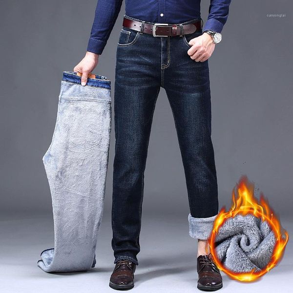 

2020 cholyl winter new men warm jeans fashion casual fleece elastic straight thick trousers jeans male brand1, Blue