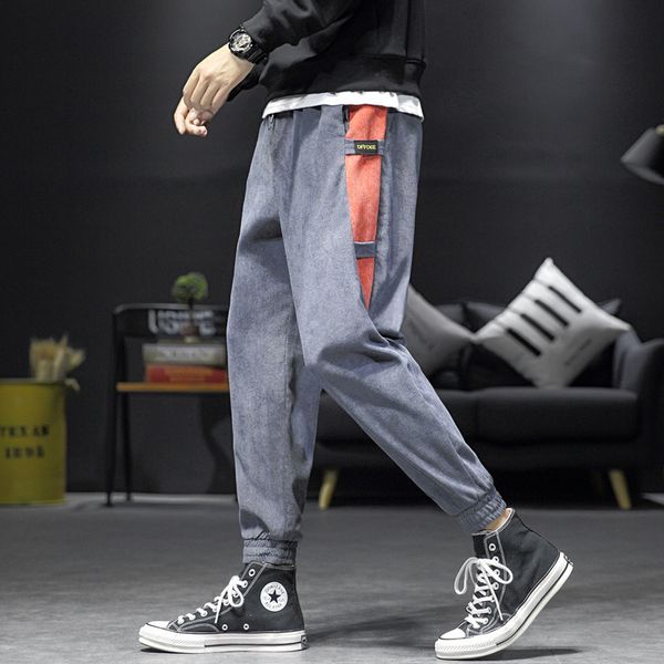 

autumn and winter 2020 big size trend corduroy loose capris casual men's color matching straight pants, Black