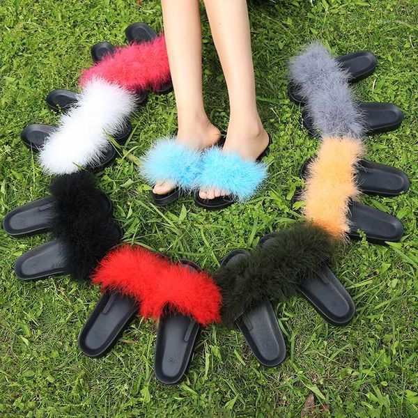 

female slippers fur furry slide sweet feather thick bottom beach female sandals hair flip flops women home slippers indoor soft1, Black