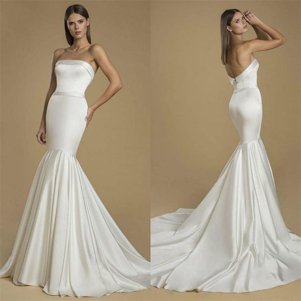 

elegant simple mermaid wedding dresses strapless satin floor length wedding dress bridal gown backless vestidos de novia custom, White