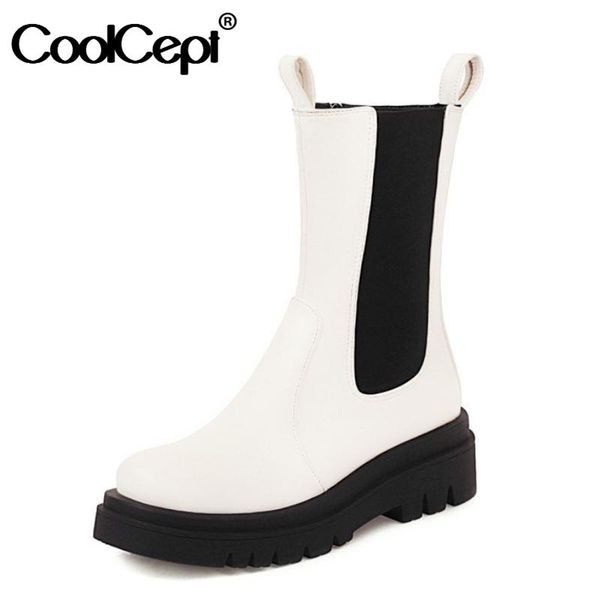 

coolcept size 34-43 women mid calf boots mixed color round toe slip on shoes winter warm boots women fashion daily footwear, Black