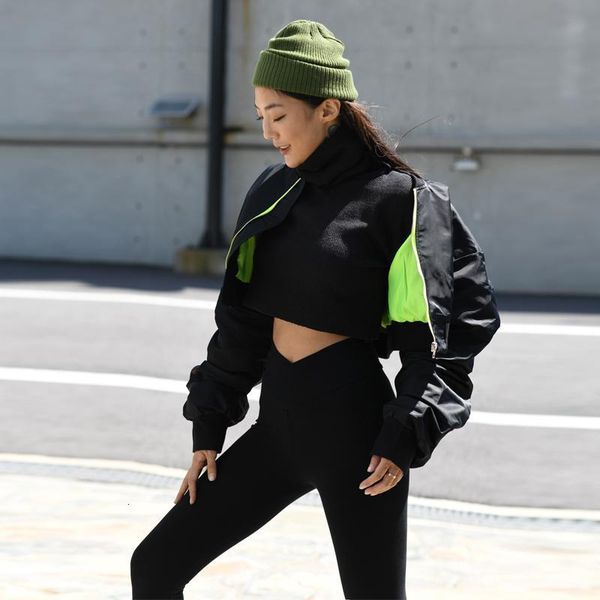 

women ruching crop bomber jacket with contrast zip padded outwear, Black;brown