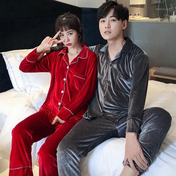 

5xl plus size pajamas for couples fall winter pleuche sleepwear womens long sleeves soft velvet men's home clothes 2 pieces/set1, Black;brown