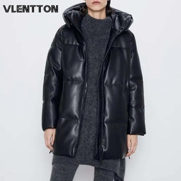 

2021 winter women thick oversize faux leather parkas zipper hooded jackets coat female long overcoat casual loose outwear, Black