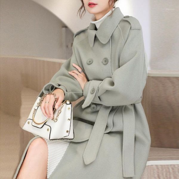 

women 2021 autumn winter double faced cashmere wool coat female long sleeve fashion turn down collar casual warm outwear b5161, Black