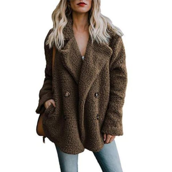 

weweya winter warm fluffy outwear winter coat women faux fur coat women pocket button teddy jacket female woman jacket, Black