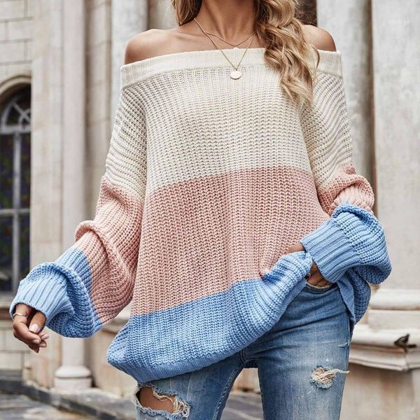 

fashion women's long-sleeved off shoulder patchwork causal autumn slash neck loose knitted sweater pullovers knitwear#g31, White;black