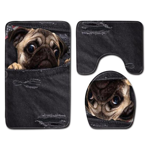 

3d dog & cat toilet seat bath mat carpet rug sets bathroom shower room carpets flannel anti slip 3 pieces bath mat sets