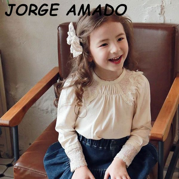 

korean girls t-shirts 2020 autumn winter new girl cute lace sleeve t-shirts children clothing e20580, Blue