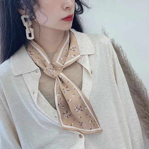 

new floral print long silk female decoration pointed korea decorative small scarf tied bag scarf hair band wild yellow, Blue;gray