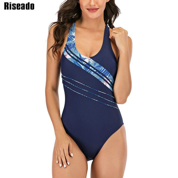 

riseado sport swimming suits women patchwork one piece swimsuits 2020 competitive swimwear cross bandage beachwear bathing suits t200708, White;black