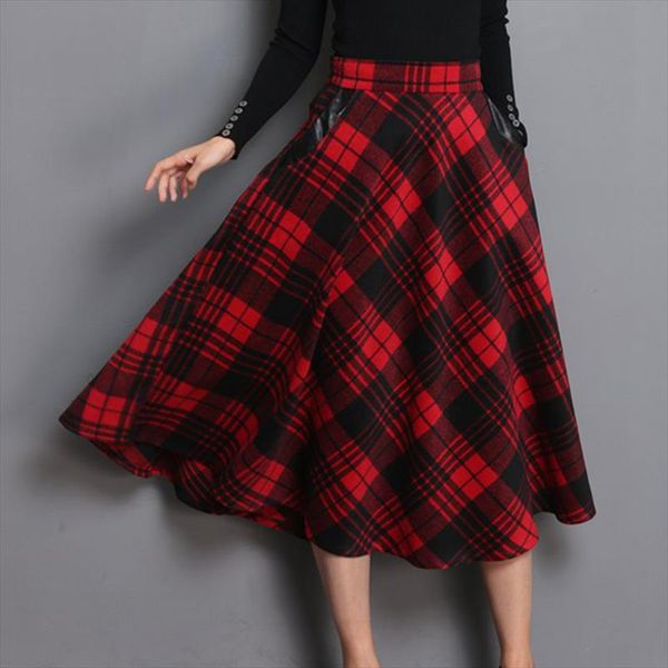 

autumn plaid thickening woolen pleated skirts women elegant high waist a line long skirt female 2020 winter tartan ladies bottom, Black