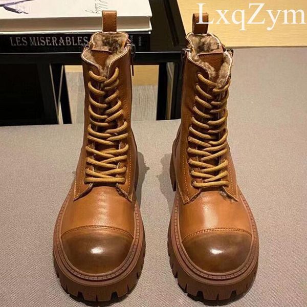 

women luxury shoes wool inside boots female thick platform cowhide ankle boots warm zipper motorcycle bootie, Black