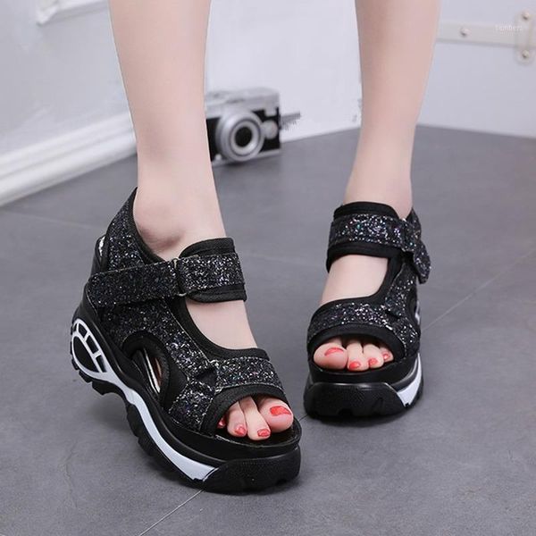 

2021 sandals women's wedge heel thick bottom waterproof platform summer ladies sandals all-match open-toed student women's shoes1, Black