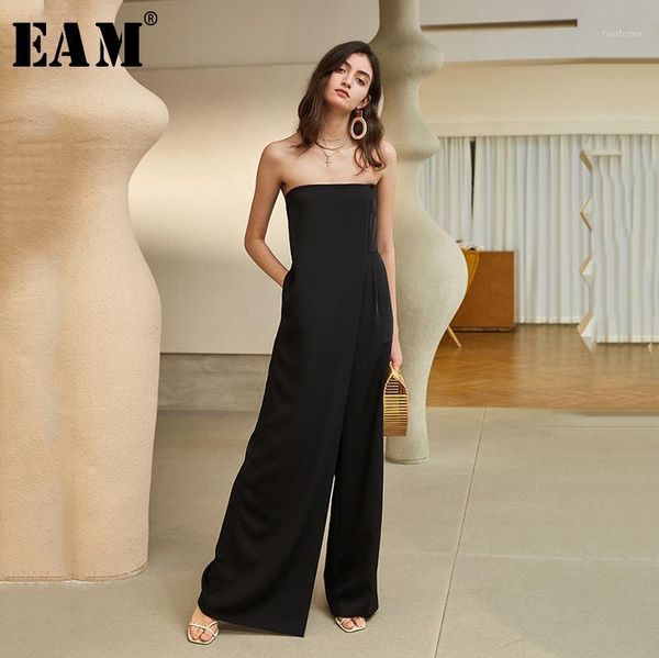 

[eam] loose fit women black brief logn wide leg jumpsuit new high waist pocket stitch pants fashion spring summer 2020 1u7051, Black;white