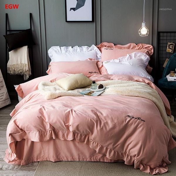 

solid color duvet cover sheet linen pillowcase set khaki 100%cotton ruffel bedclothes  king size blue purple home bedding1