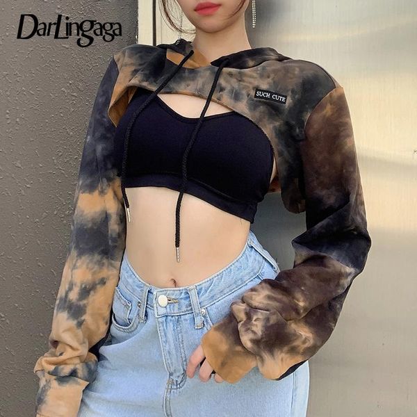 

darlingaga streetwear tie dye cropped hoodies women letter embroidery smocking fashion pullovers mini autumn hoodie long sleeve, Black