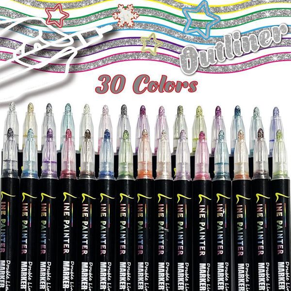 30 Renk Çift Hattı Anahat Kalem Seti Metalik Renk Sihirli Fosforlu Marker Kalemler Sanat Boyama Yazma Okul Malzemeleri için 0876