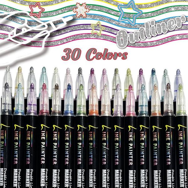 30 cores linha dupla contorno caneta conjunto metálico cor mágica marcador marcador canetas para pintura de arte escrevendo material escolar 0876