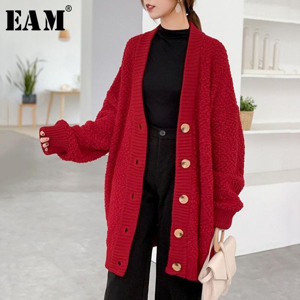 

eam] oversized wine red knitting cardigan sweater loose fit v-neck long sleeve women new fashion tide autumn winter 2021 1y187, White