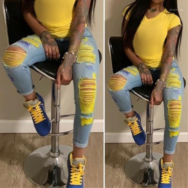 

new ladies mid waist denim pants hole ripped jeans for women casual woman washed destroyed skinny trouser fashion mom jeans d301, Blue
