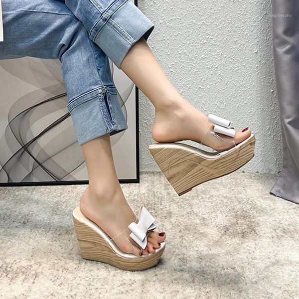 

sandals wood heels bow-knot flower clear women open toe pantuflas thicken wedges super high sandalias girls platform shoes1, Black