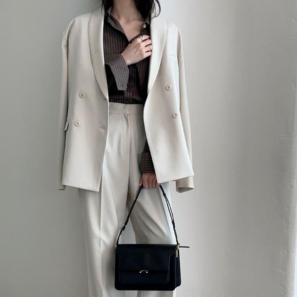 

women's two piece pants elegant women pant suits double-breasted blazer jacket high waist 2 pieces-set office lady style work, White