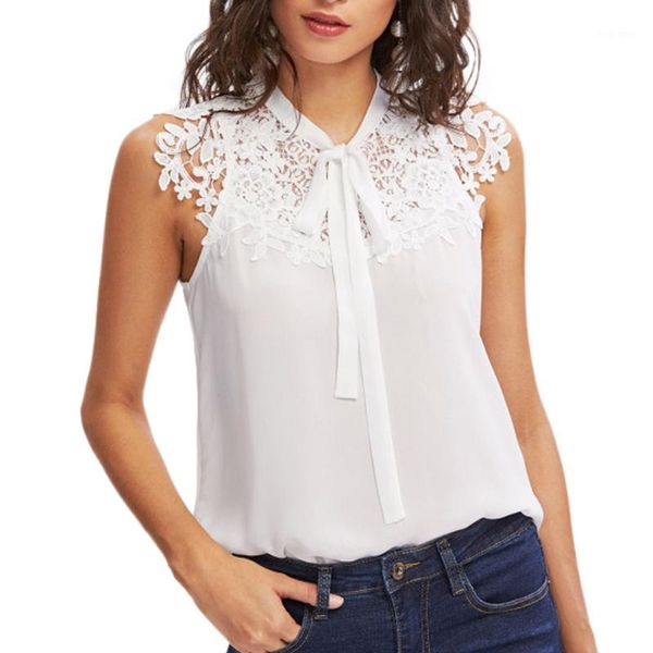 

2019 new summer fashion women blouses sleeveless ladies sleeveless bow tie lace thin chiffon shirts camisa renda blusa1, White