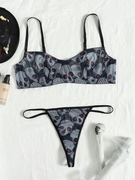 

plus halloween skull print underwire lingerie set w7mh#, Black;white