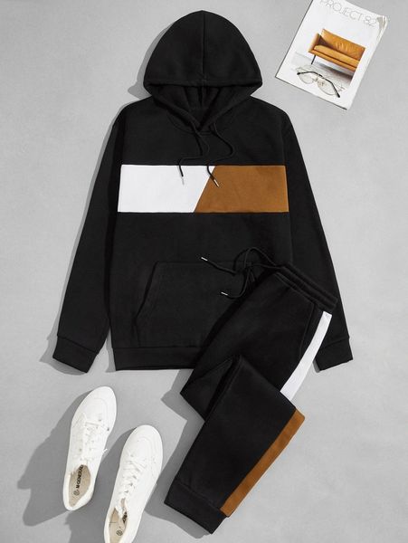 

men colorblock drawstring hoodie & contrast side seam sweatpants u1mv#, Gray