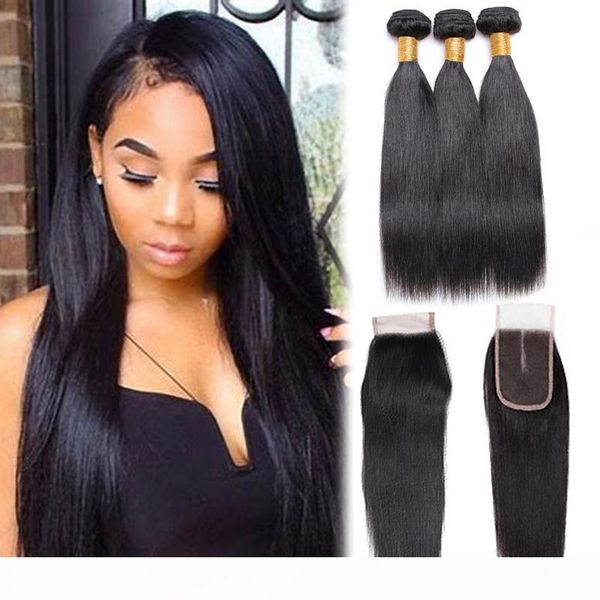 

straight virgin human peruvian hair bundles with closure natural color 7a 100% human hair 3 bundles remy hair extensions, Black