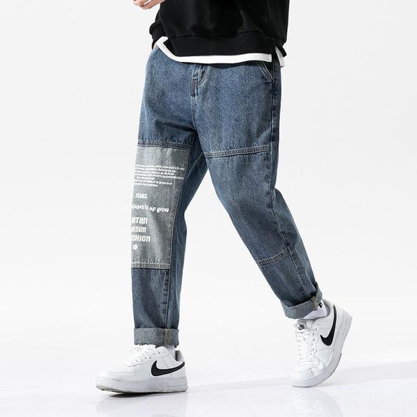 

autumn 2020 fashion stitching men's harem pants loose korean jeans spliced letters print men straige straight leg jeans pants, Blue