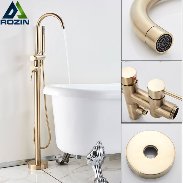 

brushed golden floor mounted bathtub faucet tanding tub mixer crane with handshower floor mounted claw foot 1011