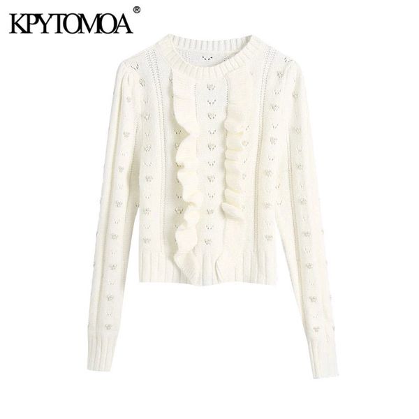 

kpytomoa women fashion with faux pearls ruffled cropped knitted sweaters vintage long sleeve female pullovers chic 201031, White;black