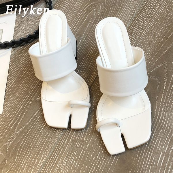 

eilyken 2020 new square toe design square high heel slippers summer outdoor slip on dress shoes ladies elegant slides sandal x1020, Black