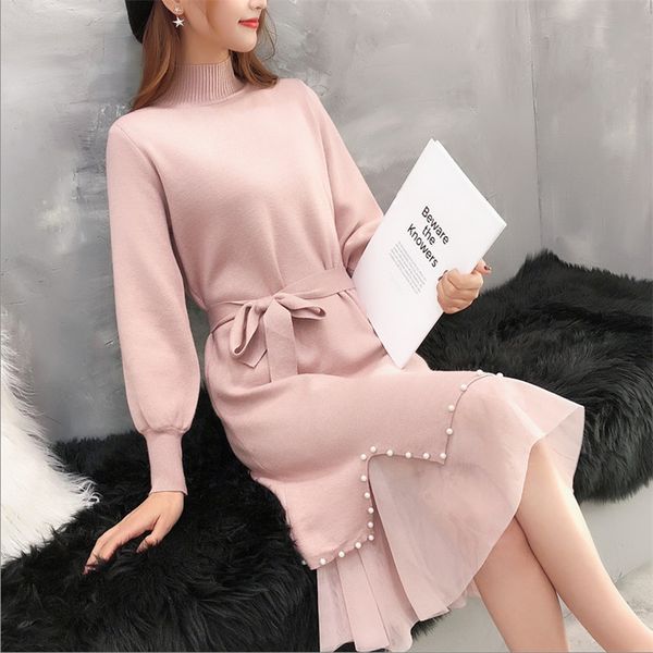 

women winter sweater dress long koran version of the bottom skirt knitted turtleneck beading ham lace 201031, White;black