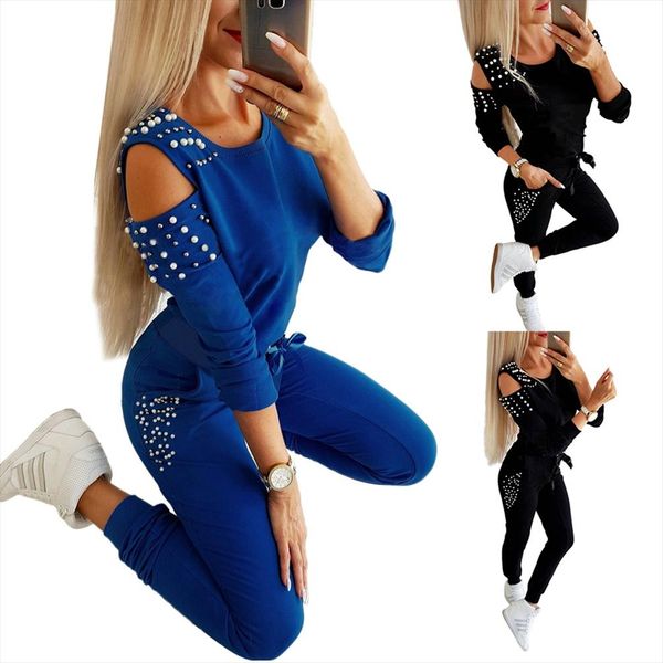 

women two piece clothing pearls patchwork design o neck beading decor long sleeve bare shoulder pants winter outfits, Gray