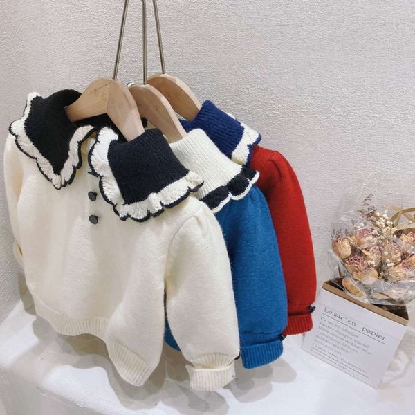 

2020 korean autumn winter strawberry xiaobao new children's girls' lapel lace round neck plush sweater, Blue