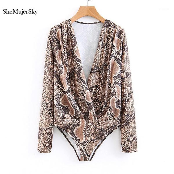 

shemujersky snake skin print deep v-neck bodysuit long sleeve short jumpsuits dames kleding1, Black;white
