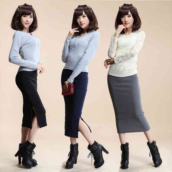 

2016 autumn winter women skirt wool rib knit long skirt faldas package hip split skirts d919, Black
