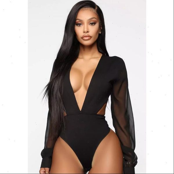 

women sheer v neck romper ladies black white long sleeve transparent backless leotard female bodysuits xl