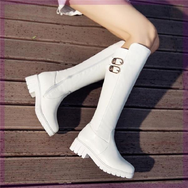 

shoes boots women new 2020 low heels booties zipper leather booties round toe white rubber large size over-the-knee mid, Black