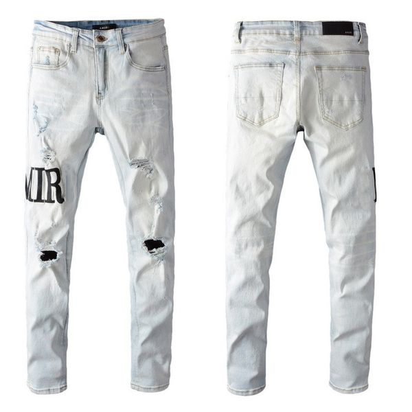 

pop luxury brand digner mens jeans casual letter printed white color jean ripped hol ny motorcycle denim, Blue